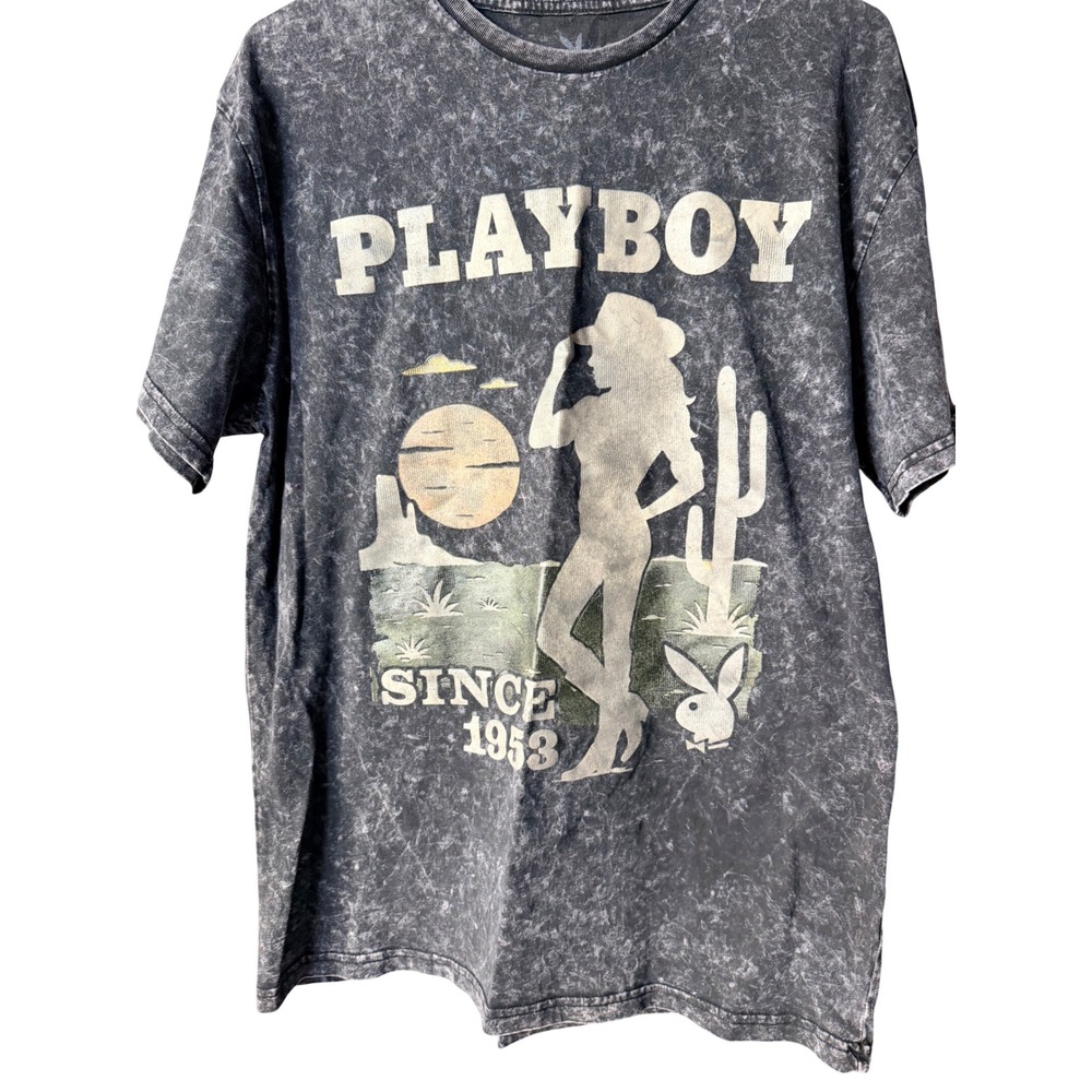 Playboy Cowgirl Desert Graphic Acid Wash T-Shirt Size L